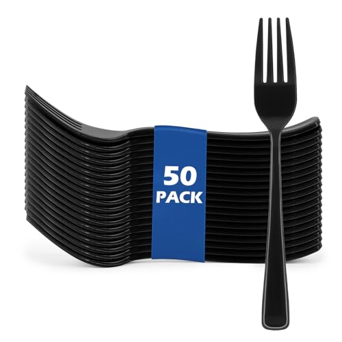 ZLMTZDJD 50 PCS Plastic Forks Set - Premium Heavy Duty Forks - Forks Disposable for Parties Picnics Weddings Engagements and Special Events (black)