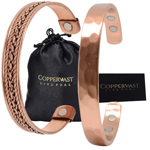 Copper Bracelets for Arthritis - for Men and Women 100% Copper with Powerful Therapy Magnets Effective and Natural Relief for Arthritis Set of 2(Hammered and Chain Inlay)