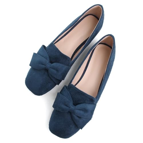 LUXINYU Women Mary Jane Shoes Bowknot Dressy Square Toe Suede Upper Slip on Ballet Flats Comfortable Moccasins Work Flats Low Heel Daily Walking Shoes3