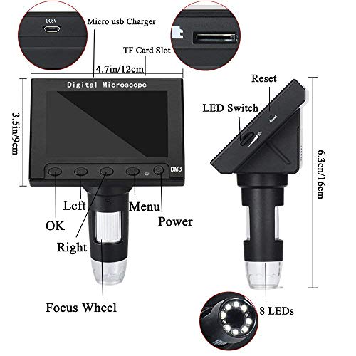 Jiusion 4.3inch Screen Full Color LCD Digital USB Microscope with 16G Micro SD Card, 10X - 500X Magnification Zoom Camera 1920X1080P Video Recording/Saving, PCB Coins Magnify for Windows, Mac