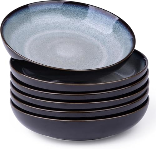 LeRatio Large Pasta Bowls 22cm, Stoneware Deep Plates Set of 6, Scratch Resistant Serving Bowl, Modern Soup Noodle Bowls, Microwave AMD Dishwasher Safe, Ocean Blue