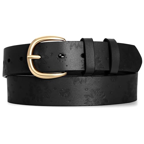 WHIPPY Women Leather Belt with Gold Buckle Fashion Laides Casual Waist Belt for Jeans Pants Dresses, Black, M
