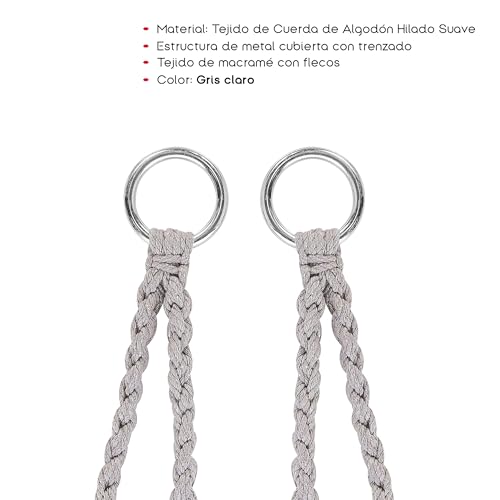 TIENDA EURASIA – Silla Colgante Exterior | Material Tejido de Cuerda Macarmé de Algodón Hilado Suave | 2 Ganchos de Metal | Color Gris Claro | Asiento Ancho de Encaje | 80x40cm - imagen 3