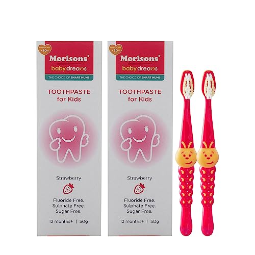 Image of Morisons Baby Dreams Kids Strawberry Flavour Toothpaste 50 gm (Pack of 2) & Baby Caterpillar Oral Care Toothbrush with Soft Bristles (Pack of 2)