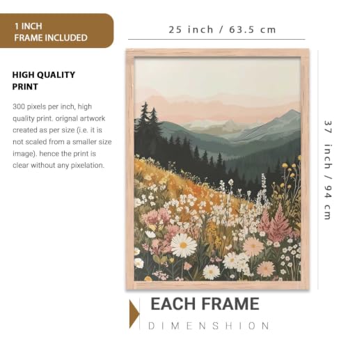 Image of kotart Big Aesthetic Mountains View Wall Art Paintings | Flowers Landscape Framed Painting | Vastu Frames for Living Room Bedroom Wall Decor Set Of 3 (35x37 Inch)