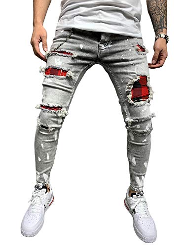 DELIMALI Men's Classic Ripped Jeans, Elastic Waist Stretch Skinny Distressed Denim Trousers Hip Hop Pants Streetwear (Gray, XXL)