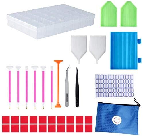 SHEEFLY 38 Pieces DIY Diamond Painting Cross Stitch Tool Set Including Diamond Stitch Pen, Tweezers, Glue, Plastic Tray and Diamond Embroidery Box for DIY Art Craft