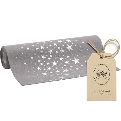 100%Mosel Tischläufer Leinenoptik Grau, Sterne in Silber, (28 cm x 5...