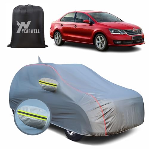 Image of Car Body Cover for Skoda Rapid, 100% Waterproof, Heat-Resistant with Mirror & Antenna Pockets, Soft Cotton Lining, Triple Stitched, Green Reflector (Metallic Grey)