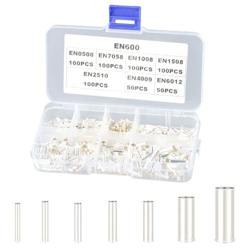 Lot de 600 Embout de Cablage, Embout Fil Electrique Souple, Connecteurs à Sertir, 0,5–6 mm² Non Isolés, Embouts de Câble, 7 Tailles Avec Boîte Portable