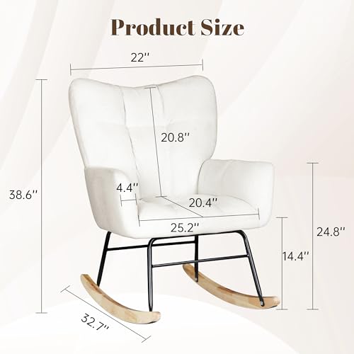 Kromax Rocking Chair Nursery, Comfy Baby Rocker Glider, High Back, Modern Teddy Fabric, for Bedroom, Nursing, Living Room, White - Thumbnail 2