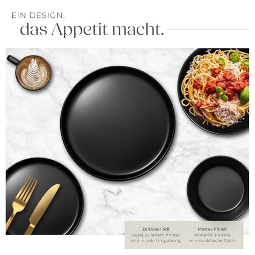 tectake® Kombiservice, Geschirrset, Tafelservice 6 Personen, Steingut Geschirr Set schwarz, Teller Set mit Schalen, Kaffeetassen, Speiseteller, Frühstücksteller, tiefe Teller und Schüsseln - 30-tlg.