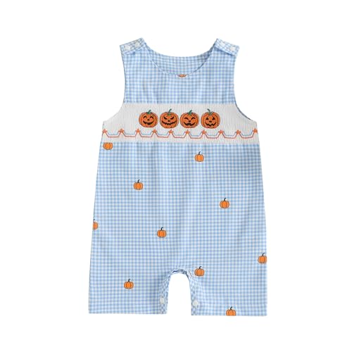 Muasaaluxi Newborn Baby Boy Halloween Outfit Sleeveless Pumpkin Embroidery Romper Plaid Bodysuit One Piece Jumpsuit 0-18M (Blue, 0-3 Months)