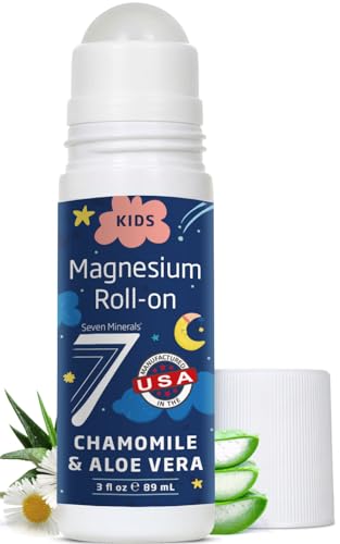 Seven Minerals Kids Magnesium Roll On for Sensitive Skin. USP Grade Magnesium Lotion for Children. Calming Bedtime Support with Chamomile & Aloe Vera Easy Application USA Made 3 fl oz
