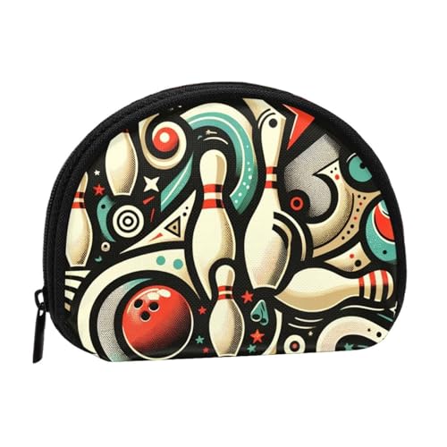 Portable Coin Pocket Wallets Bowling-Doodle-Pattern Mini Zippered Money Pouch Card Holder
