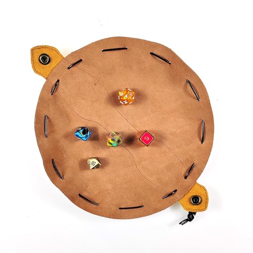 Image of Handmade Leather Dice Bag with Skull Design, RPG Dice Pouch & Tray for DND, MTG, Coins, Jewelry - Vintage Brown Suede with Brass Snap