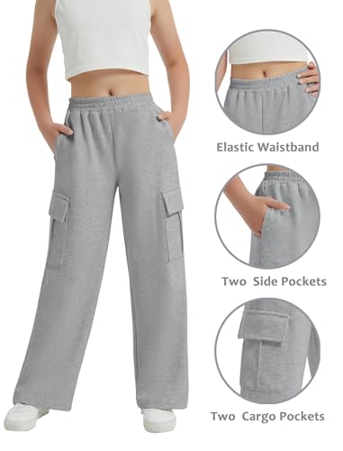 EXARUS Girls Sweatpants with Cargo Pockets Elastic Waistband Wide Leg Causal Kids High Waisted Pants 6-14Y3