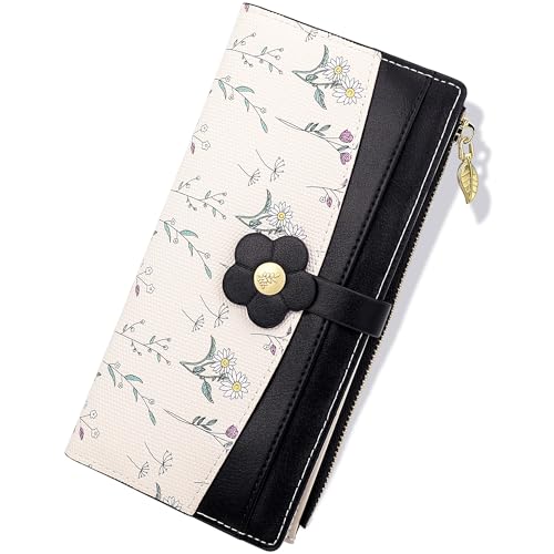 Image of Farcauo Long Floral Womens Wallet Cute Wallets for Women Black Women's Wallet Kawaii Flower Card Wallets for Women Ladies