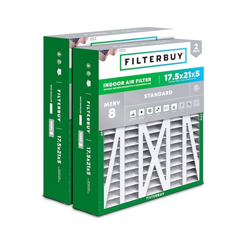 Filterbuy 17.5x21x5 Air Filter MERV 8 Dust Defense (2-Pack), Pleated HVAC AC Furnace Air Filters Replacement for Rheem, Ruud, and Protech (Actual Size: 17.13 x 20.63 x 4.38 Inches)