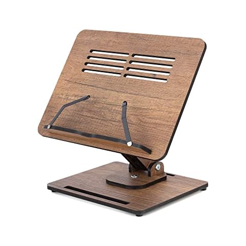 Vigo Wood Buchständer zum Lesen 360° verstellbar, Hölzerner Laptop-Ständer, Kochbuchhalter, Notenständer, mit Mehreren Höhenwinkeln und faltbarem Design inklusive Seitenklemmen Cover