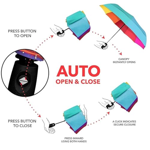 Image of Rainbow Umbrella 3 Fold | Auto Open & Close | Wind & Rain Resistant Travel Umbrella for Men, Women, Kids, Boys & Girls - Compact & Colorful