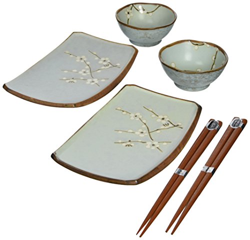 Miya Spring Blossom Japanese Sushi Plate Gift Set with 2-Pair of Chopsticks, Sushi for Two, Blue/White