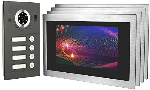 IP Video Türsprechanlage, Unterputz-Türstation IP65, 4X 10 Zoll Monitor, App, HD-Kamera 115°, Türöffner-Fkt, 32GB Speicher, PoE-Switch, 4