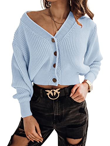 Febriajuce Women's Long Sleeve V-Neck Button Down Rib Knit Cropped Cardigan Sweater