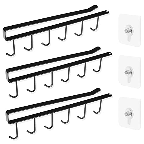 Sequpr Lot de 3 Porte-Tasses sans Perçage Crochets de Rangement pour Tasses, Gobelets, Verres à Vin, Ustensiles de Cuisine avec Vis Autocollantes - Noir Cover