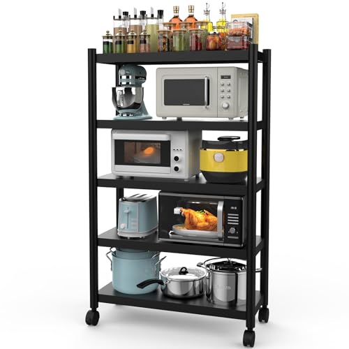 SPOWAY Estantes de Metal de 5 Niveles con Ruedas，Estante para Horno de Microondas Ajustable Anaquel Estante Metálico，Capacidad de Peso de 200 KG...