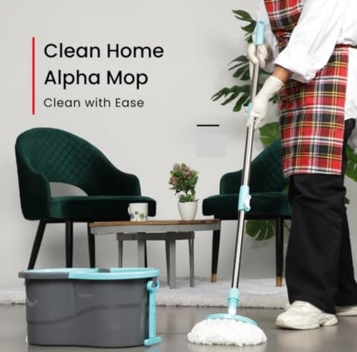 Image of Twin Bucket Spin Mop with Wheels and Puller Handle | 360 Adjustable Steel Handle | 2 High Absorbency Microfiber Refills | Pocha for Floor Cleaning - Home, Kitchen, Bathroom & Office (Grey)
