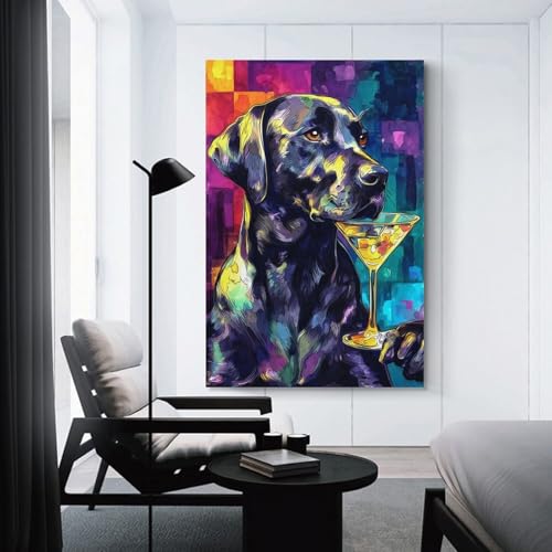 Toile Animaux Chien Cocktail 40x60cm Cadeau Décoration Original pour Crémaillère et Cuisine