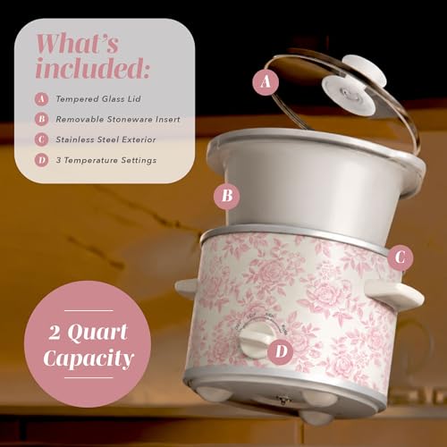 Image of COOK WITH COLOR 2QT Mini Electric Round Slow Cooker - Adjustable Settings, Removable Stoneware Pot, Tempered Glass Lid, Dishwasher Safe, Cool-Touch Side Handles, Floral Pink