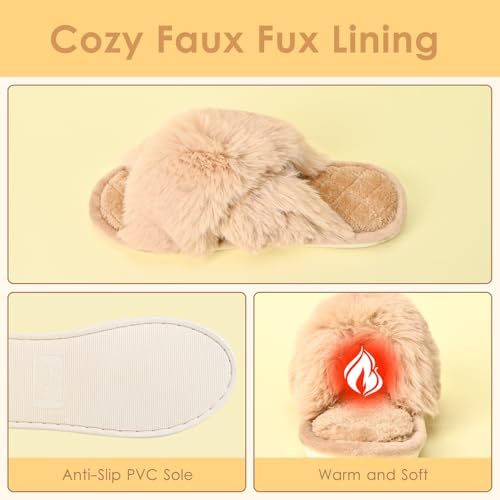 Cross Band Plush Soft Fur Slippers Warm Winter House Shoes for Women, Open Toe Comfy Indoor Slides Slippers3