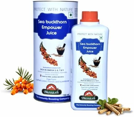 Biosash Sea Buckthorn EMPOWER Juice 750ml | Certified Organic, Cold-Pressed | Omega 3 6 7 9, Vitamins & Antioxidants | With Ashwagandha, Shatavari, Safed Musli, Kaunch Beej | No Added Sugar | 150 Serves
