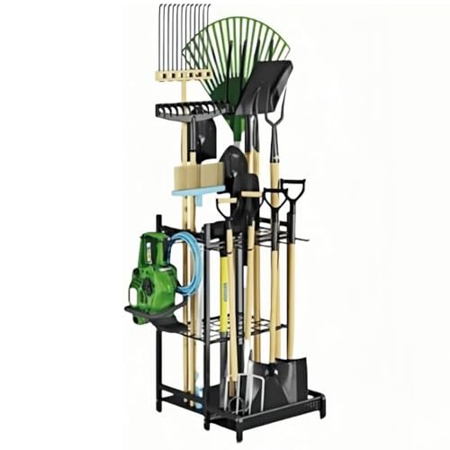 Bxzzuis ガーデンツール収納 鉄製 園芸道具整理スタンド シャベルホルダー 滑車付き 簡単移動 省スペース 多機能倉庫ストレージ 車庫/倉庫/庭用 工具整理ラック 清掃道具収納 (車輪なし)