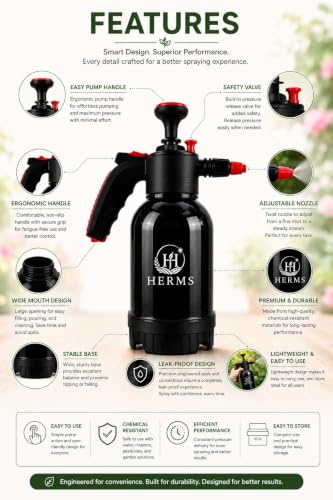 Image of HERMS Aquamist 2L Hand Pressure Spray Pump | 3 Spray Modes | Adjustable Brass Nozzle | Garden Sprayer for Watering Plants, Pesticide, Fertilizer, Home Garden, Nursery & Car Washing (Black)