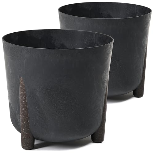 Tymar Blumentopf mit Füßen, 2er-Pack, Runde Form, Übertopf ((2pack) BetonSchwarz, ø 26 cm)