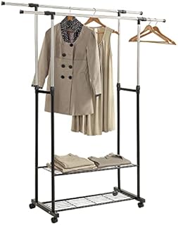 HOME BI Adjustable Heavy Duty Clothes Rail, Clothes Stand Rack with 2 Tier Metal Shelf, Garment Rack Rolling Clothes Organizer, Metal Storage Hanging Rack, Black Clothes Rails for Bedroom, Entryway