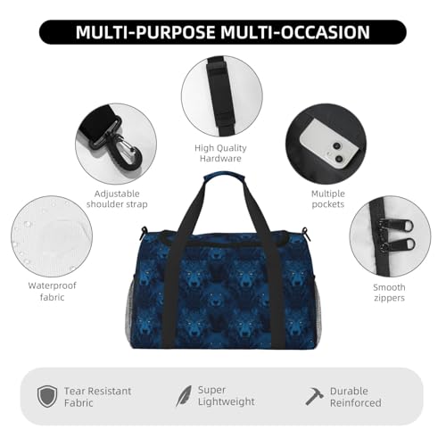 Cool Blue Wolf Head Print Duffle Bag for Travel, Carry On Weekender Overnight Duffel Bags, Gym Bags for Women Men, Personal Item Travel Bag3