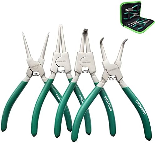 GINWORD 7-inch 4 Pcs Snap Ring Pliers Set, Circlip Pliers Kit, Straight/Bent Jaw, Internal/External Heavy Duty C Clip Pliers for Ring Remover Retaining