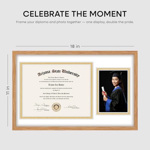 Image of Homeforia 11x18 Diploma Frame with Photo, High End Natural Oak 11 x 18 Certificate Wood Frames with Mat 8.5x11 Diploma and 5x7 Picture, 18x11 Wooden Document Frames, Tempered Glass, Wall Kit, Set of 1