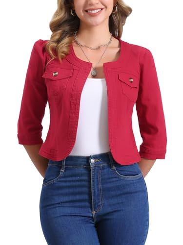 Allegra K Chaqueta Cortas Mezclilla Para Mujer Sin Cuello De Manga 3/4 Cárdigan Vaquero Frente Abierto Burdeos M