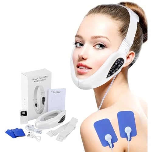 Electric V-Face Shaping Massager EMS V Shap Facelift Device mit 8 Modi & 15 Intensitätsstufen Rot-Blaue Face Massager V-Form Jawline Trainer(Weiß)