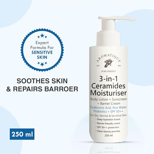 Image of Aromatique 3-in-1 Ceramides Moisturizer | Body Lotion + Sunscreen + Barrier Cream with Hyaluronic Acid, Rice Water, Probiotics & SPF 50++ | For Dry, Normal & Sensitive Skin | 250ml