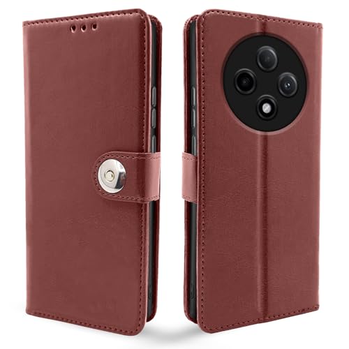 Image of Pikkme Flip Cover Leather Finish | Inside TPU with Card Pockets | Wallet Stand and Shock Proof | Complete Protection Button Flip Case for Oppo F27 Pro Plus 5G (Brown)