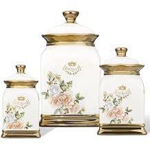 fanquare Floral Canisters with Gold Trim, Ceramic Decorative Countertop Jars, Farmhouse Porcelain Cookie Jar and Sugar Bowl Set with Airtight Lid