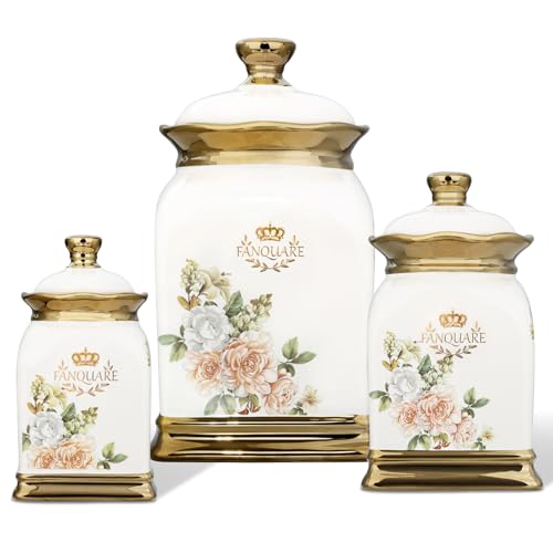 fanquare 3 Pieces Retro Floral Storage Jars with Lids, Ceramic Tea Coffee Sugar Canisters Set, Airtight Food Storage Canisters for Home Kitchen Gifts