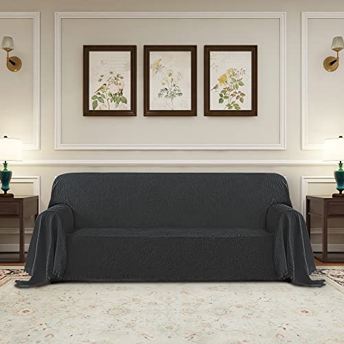 Purefit Geometric Jacquard Throw Sofa Cover - Textured Soft Washable Decorative Couch Covers For 3 Cushion Couch, Throw Cover With Tassels Furniture Protector For Pets, Kids (Large, Dark Gray) #TOP1