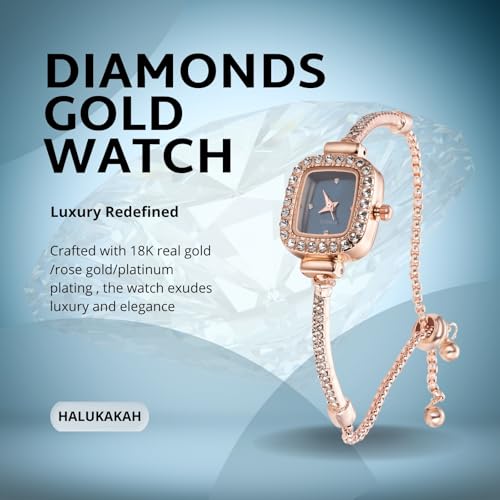 Image of Halukakah Kids' Sparkling Diamond Watch - 18k Real Gold /Rose Gold /Platinum Plated - Multiple Colors Rectangle Dial - Quartz Adjustable Stainless Steel Wristwatch - Suitable for Boys and Girls
